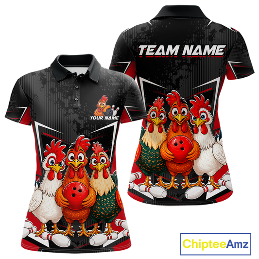 Red Funny Three Chicken Bowling Jersey for Women Bowling League Bowling Team Shirts HN287