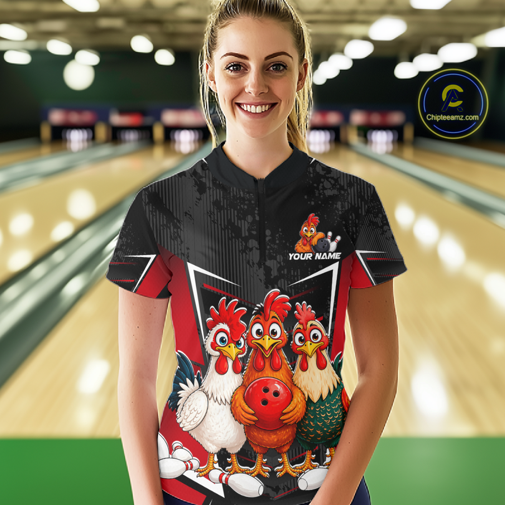 Red Funny Three Chicken Bowling Jersey for Women Bowling League Bowling Team Shirts HN287
