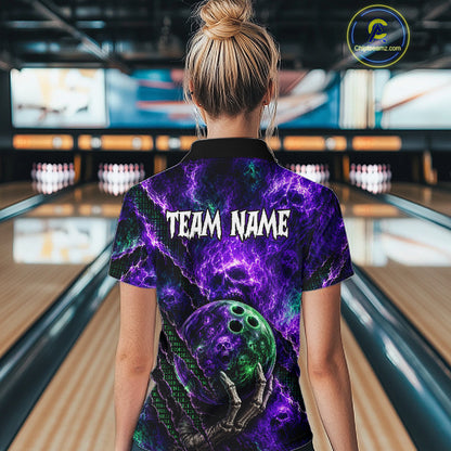 A woman viewed from behind wearing a short-sleeve bowling-themed polo shirt with a purple and black cosmic design, a bowling ball graphic, and the text 'TEAM NAME' on the back. Bowling lanes are visible in the background, and a circular 'ChipteeAmz' logo watermark appears in the top right corner.
