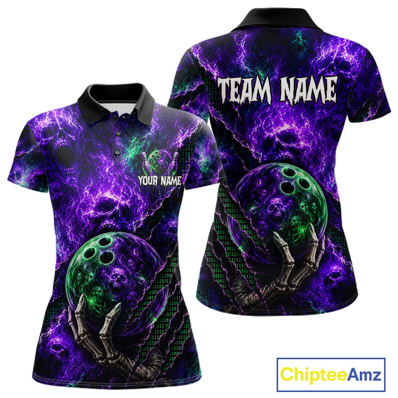 Front and back views of a short-sleeve polo shirt with a purple and black lightning design, featuring a green bowling ball and skeletal hand graphic, with customizable text placeholders 'YOUR NAME' and 'TEAM NAME'.