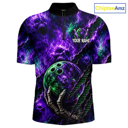 A short-sleeve quarter-zip polo shirt with a dark purple and black neon lightning background, featuring a skeleton hand holding a green skull bowling ball, a skull graphic on the chest, and the text 'YOUR NAME' with a name placeholder. A 'ChipteeAmz' logo is visible in the top right corner.