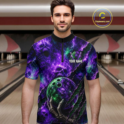 A man wearing a short-sleeve quarter-zip bowling shirt with a purple and green cosmic skull design, standing in a bowling alley. The shirt features a skull, bowling balls, and the text 'YOUR NAME' on the front.