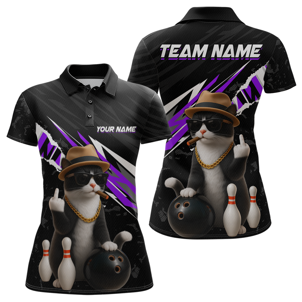 Custom Purple Funny Cat Bowling Jersey for Women Bowling Shirt Polo & 1/4 Zip Bowling Team Shirts HNT136
