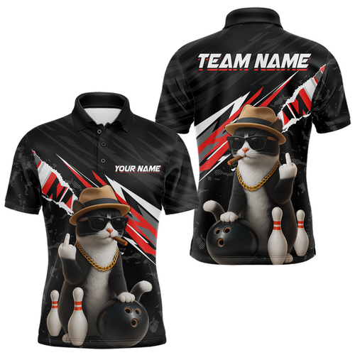 Custom Red Funny Cat Bowling Jersey for Men Bowling Shirt Polo & 1/4 Zip Bowling Team Shirts HNT136