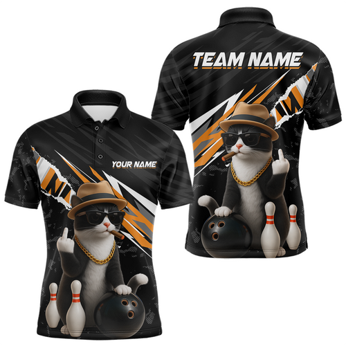 Custom Orange Funny Cat Bowling Jersey for Men Bowling Shirt Polo & 1/4 Zip Bowling Team Shirts HNT136