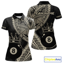 Load image into Gallery viewer, Women’s fitted polo dress in black and gold tones with layered Polynesian-style designs, abstract geometric textures, and a large crowned 8-ball centerpiece.