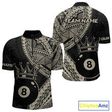 Load image into Gallery viewer, Men’s fitted quarter zip dress in black and gold tones with layered Polynesian-style designs, abstract geometric textures, and a large crowned 8-ball centerpiece.