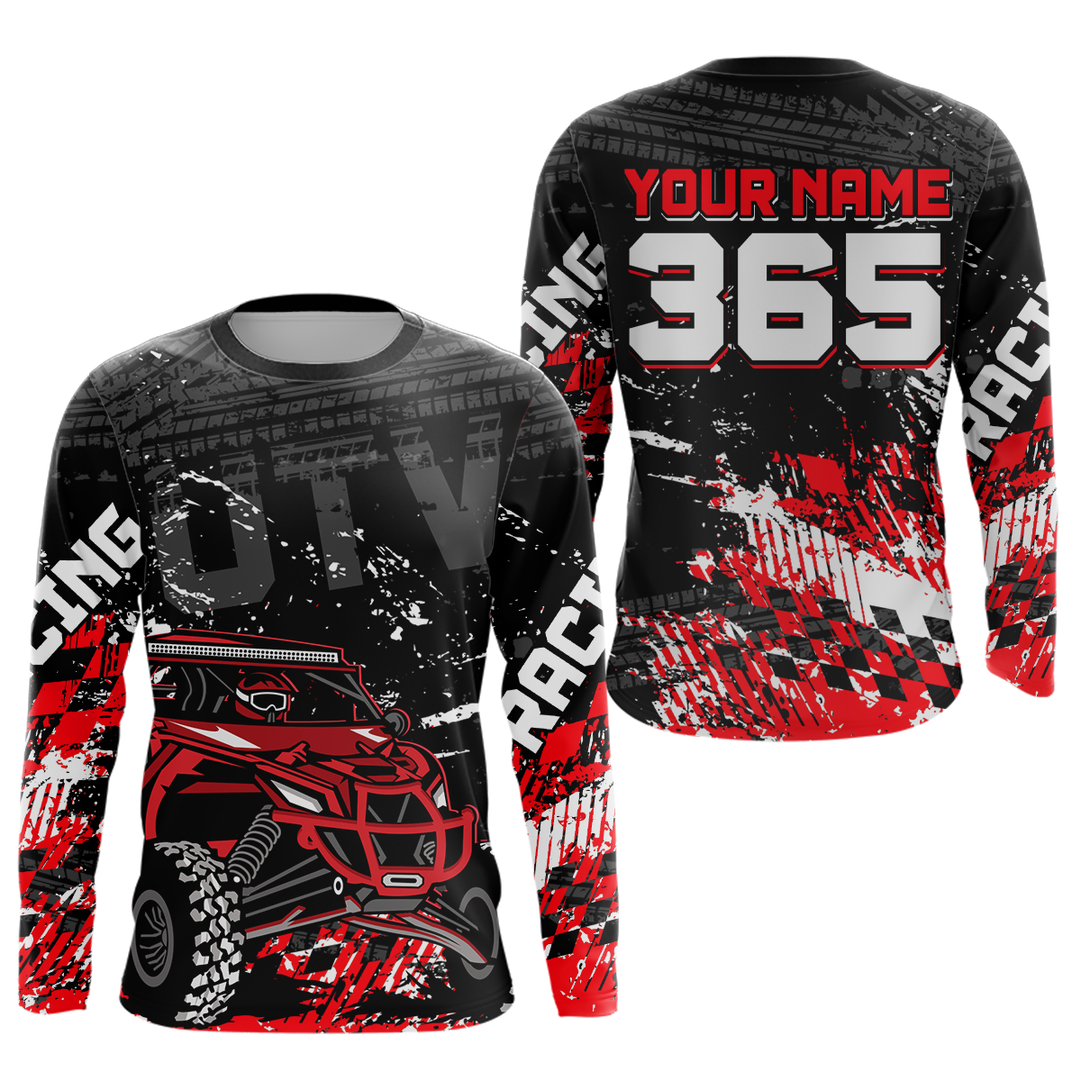 Front and back view personalized racing shirt with an off-road vehicle integrated into tire track patterns, racing graphics, and custom name details.