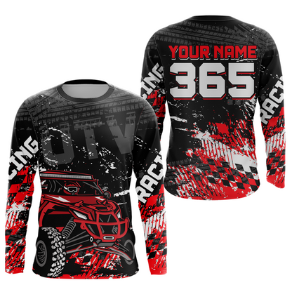Front and back view personalized racing shirt with an off-road vehicle integrated into tire track patterns, racing graphics, and custom name details.