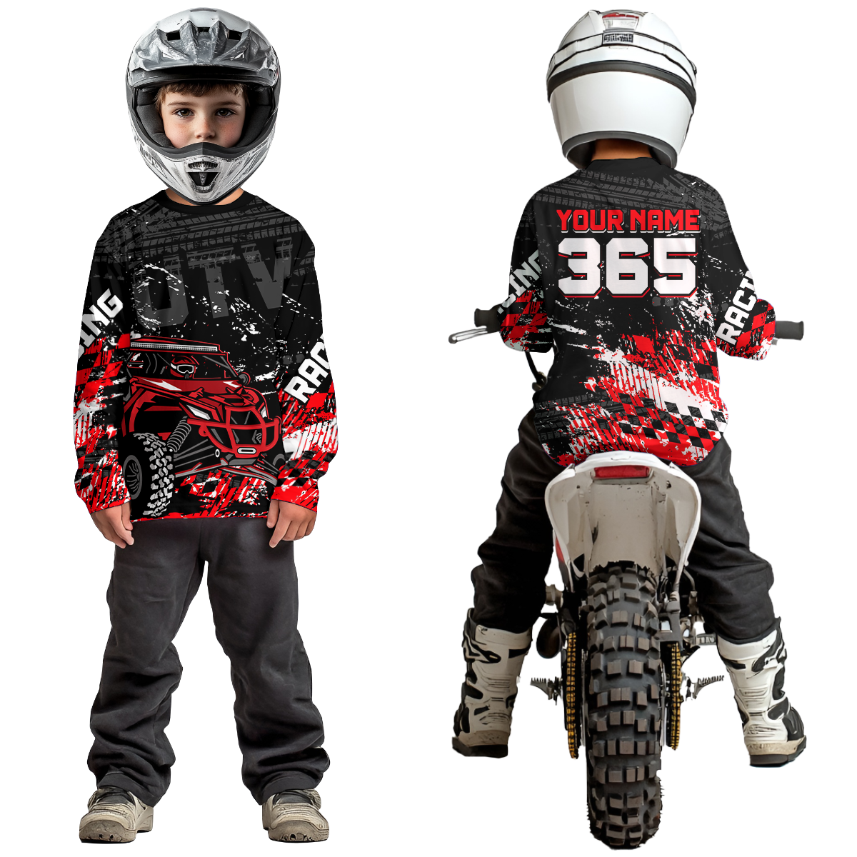 Kid wearing personalized racing shirt with an off-road vehicle integrated into tire track patterns, racing graphics, and custom name details.