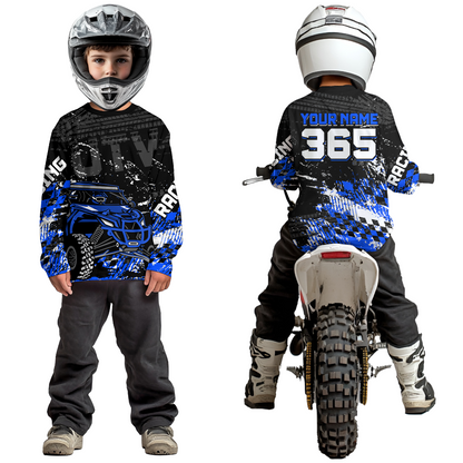Kid wearing personalized racing shirt with an off-road vehicle integrated into tire track patterns, racing graphics, and custom name details.