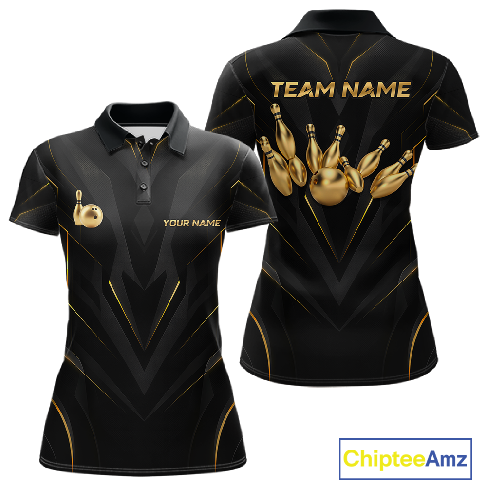 Front and back views of a sleek black bowling polo shirt with gold geometric accents, featuring custom “TEAM NAME” and “YOUR NAME” text alongside metallic gold bowling pin graphics.