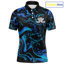 Load image into Gallery viewer, Front views of a men’s black billiards polo with turquoise and teal marble patterns