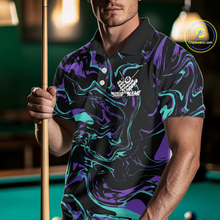 Load image into Gallery viewer, Man wearing a black billiards polo with teal and purple marble swirls, a custom chest name logo, and a pool table in the background.