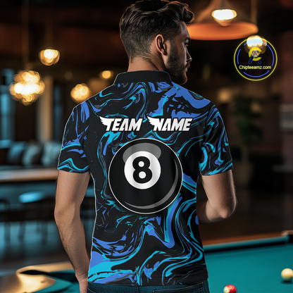 Back view of a woman wearing a black billiards polo with teal and turquoise marble swirls, “TEAM NAME” text, and a large 8-ball graphic.
