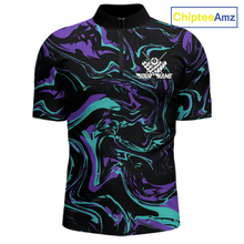 Load image into Gallery viewer, Front views of a men’s black billiards quarter zip with purple and teal marble patterns