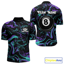 Load image into Gallery viewer, Front and back views of a men’s black billiards quarter zip with purple and teal marble patterns, custom team text, and a large 8-ball graphic on the back.