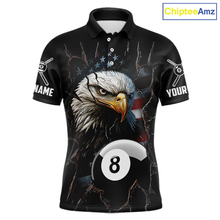 Load image into Gallery viewer, Front views of a black billiards polo featuring a bald eagle graphic, cracked flag background, and large 8-ball designs.