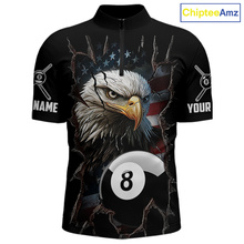 Load image into Gallery viewer, Front views of a black billiards quarter zip featuring a bald eagle graphic, cracked flag background, and large 8-ball designs.