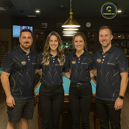 Four people in matching dark blue polo shirts with logos standing in a bar setting.