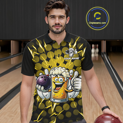 Custom Yellow Funny Beer Bowling Jersey for Men Bowling Team Shirts Polo & 1/4 Zip HNT187