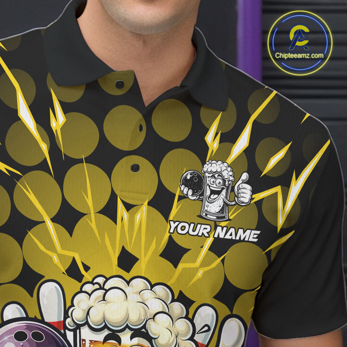 Custom Yellow Funny Beer Bowling Jersey for Men Bowling Team Shirts Polo & 1/4 Zip HNT187