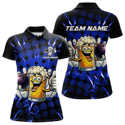 Custom Blue Funny Beer Bowling Jersey for Women Bowling Team Shirts Polo & 1/4 Zip HNT187