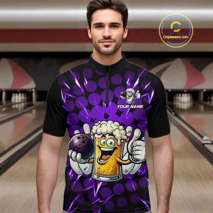 Custom Purple Funny Beer Bowling Jersey for Men Bowling Team Shirts Polo & 1/4 Zip HNT187