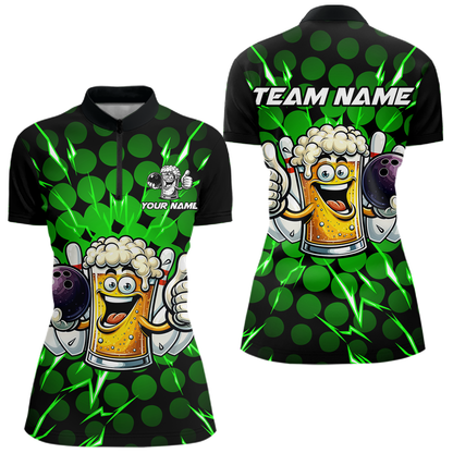 Custom Green Funny Beer Bowling Jersey for Women Bowling Team Shirts Polo & 1/4 Zip HNT187