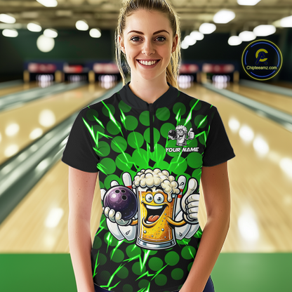 Custom Green Funny Beer Bowling Jersey for Women Bowling Team Shirts Polo & 1/4 Zip HNT187