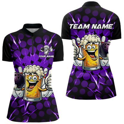 Custom Purple Funny Beer Bowling Jersey for Women Bowling Team Shirts Polo & 1/4 Zip HNT187