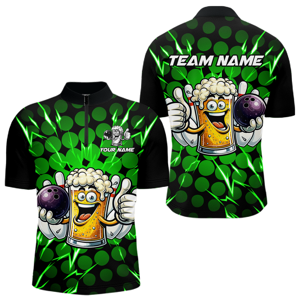 Custom Green Funny Beer Bowling Jersey for Men Bowling Team Shirts Polo & 1/4 Zip HNT187
