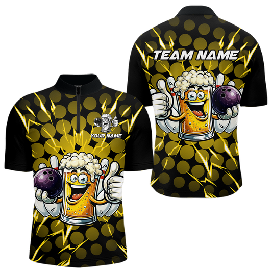 Custom Yellow Funny Beer Bowling Jersey for Men Bowling Team Shirts Polo & 1/4 Zip HNT187