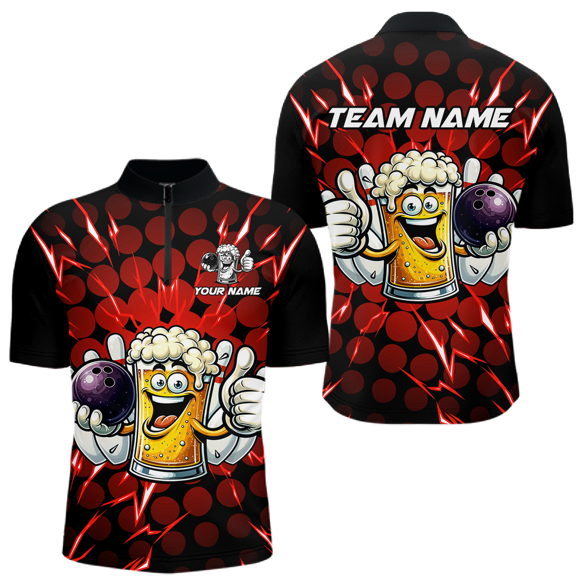 Custom Red Funny Beer Bowling Jersey for Men Bowling Team Shirts Polo & 1/4 Zip HNT187