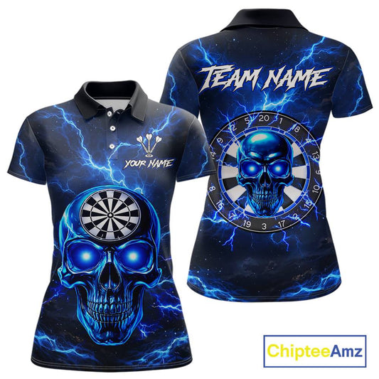 Custom Blue Lightning Thunder Skull Dart Shirts For Women Darts Team Jerseys Polo & 1/4 Zip NNT135