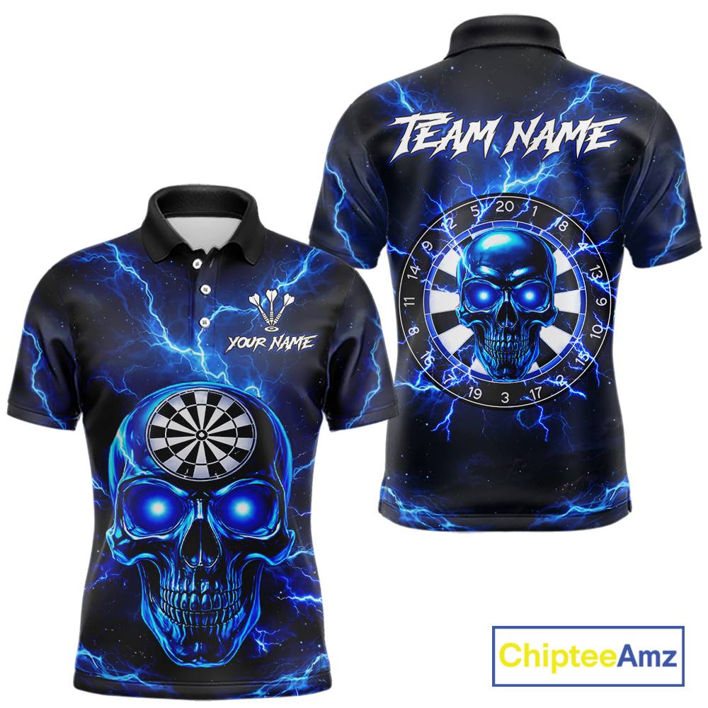 Custom Blue Lightning Thunder Skull Dart Shirts For Men Darts Team Jerseys Polo & 1/4 Zip NNT135