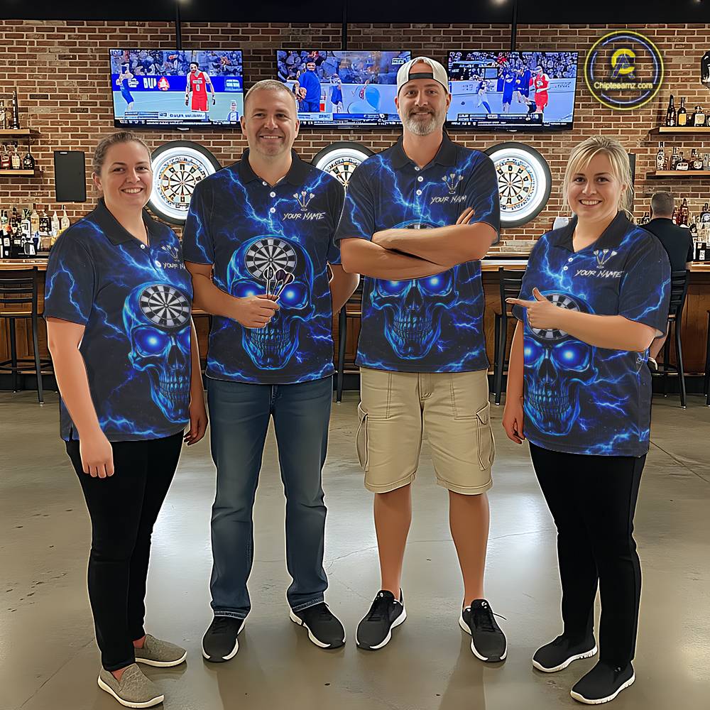 Custom Blue Lightning Thunder Skull Dart Shirts For Men Darts Team Jerseys Polo & 1/4 Zip NNT135