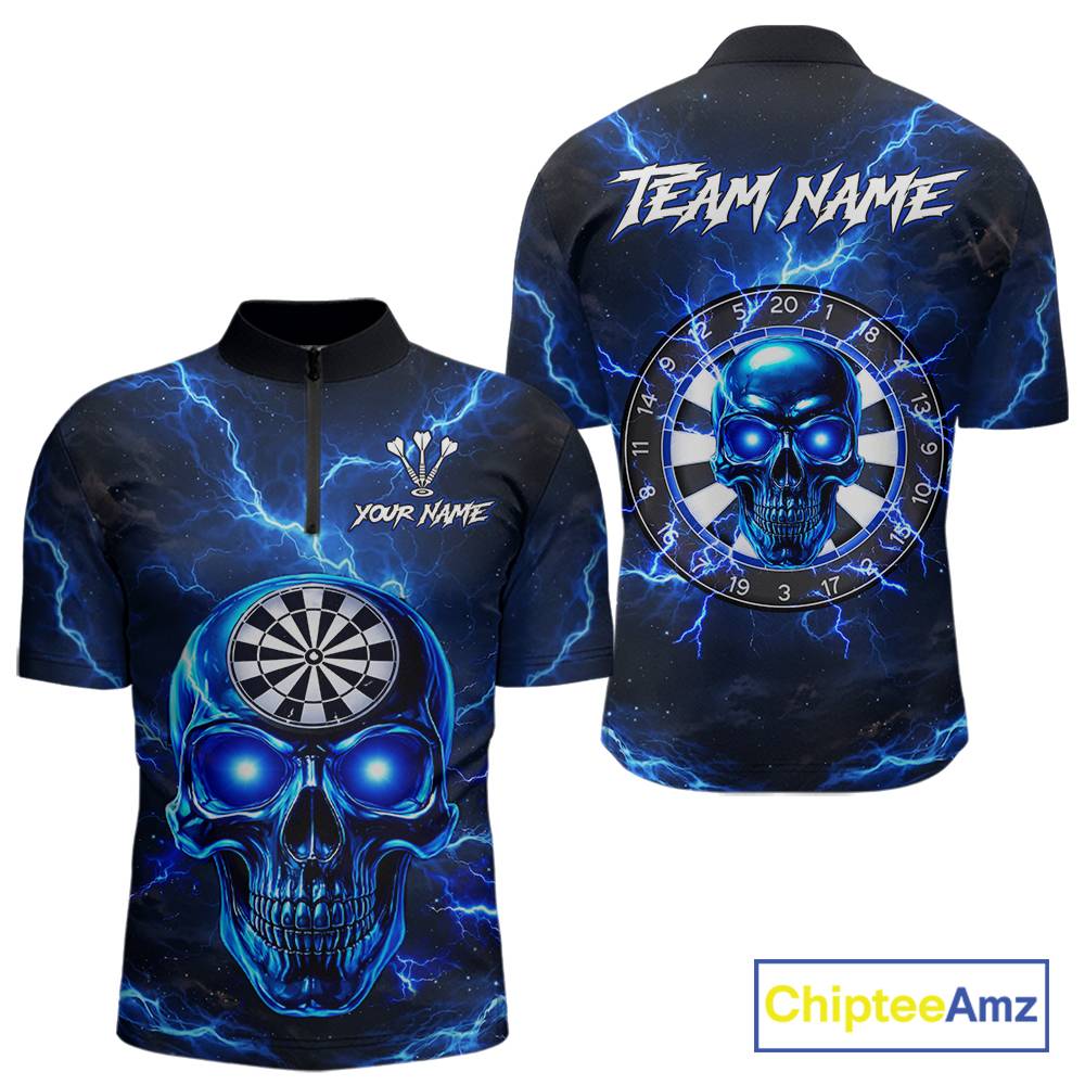 Custom Blue Lightning Thunder Skull Dart Shirts For Men Darts Team Jerseys Polo & 1/4 Zip NNT135