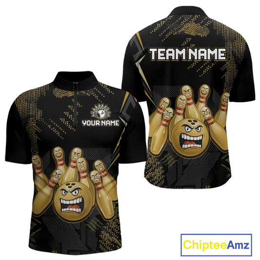 Custom Black and Gold Funny Bowling Jersey for Men Bowling Team Shirts Polo & 1/4 Zip HNT177
