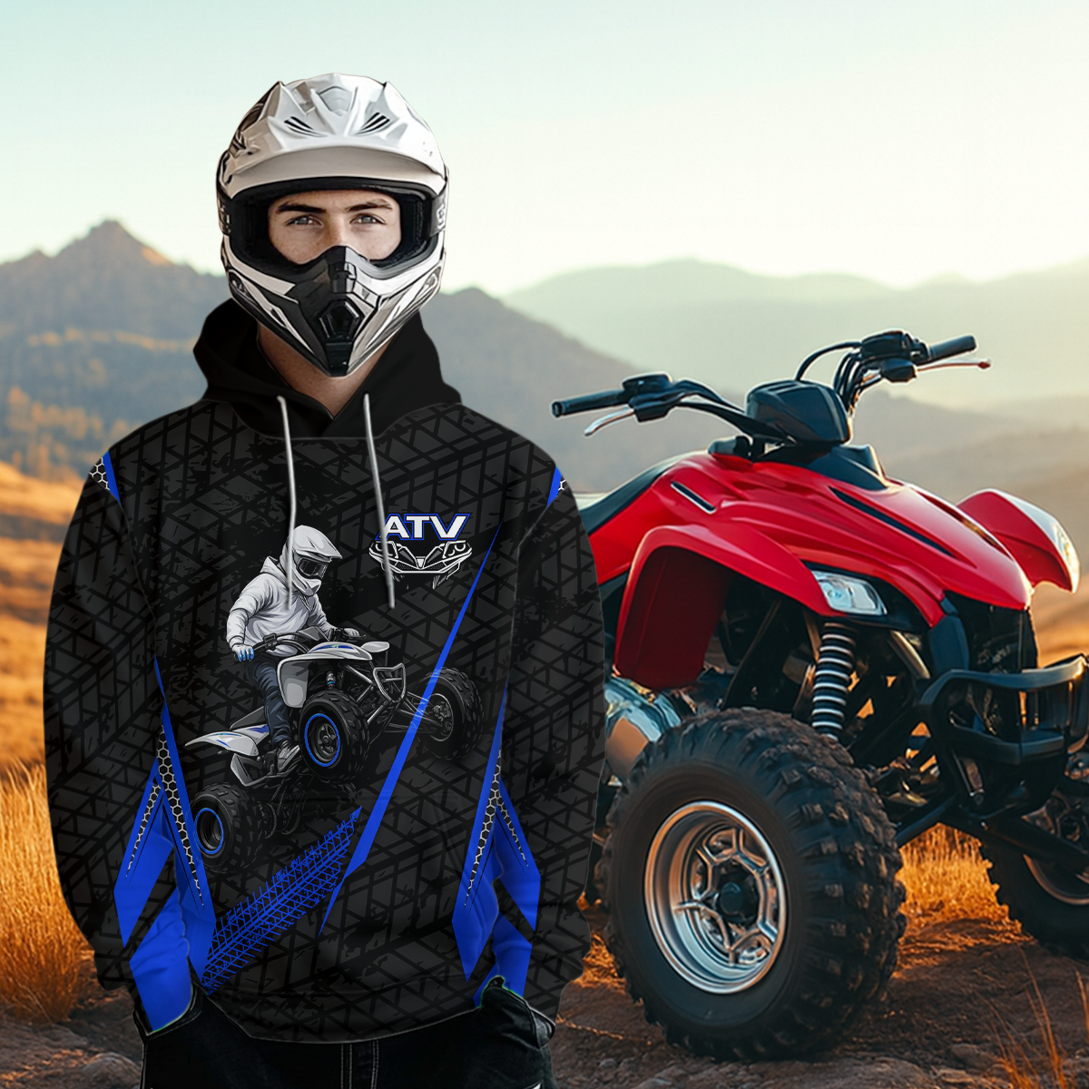 Blue Atv Motocross Hoodie For Adult&Kid Upf30+ Pink Quad Bike Shirt Off-Road Atv Mx Racing NHN013