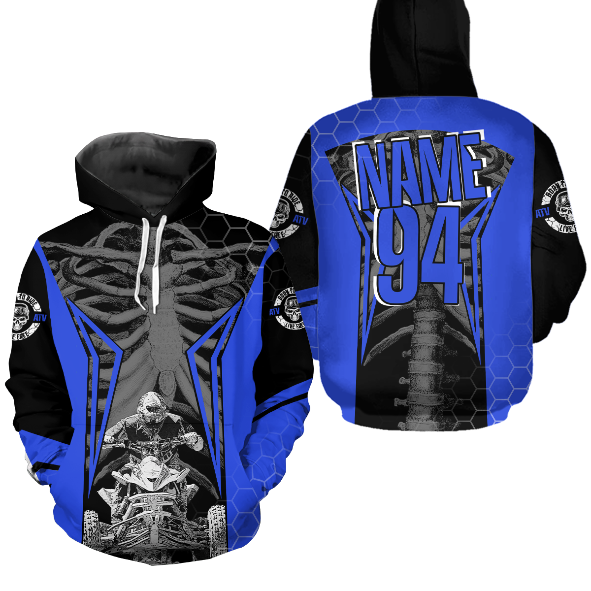 Personalized Blue Atv Racing Hoodie Custom Name & Number Quad Bike Rider Motocross Shirt For Men Women  NHN002
