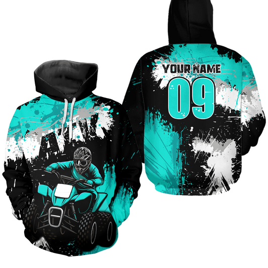 Turquoise Atv Motocross Hoodie Personalized Upf30+ Adult&Kid Quad Bike Shirt Atv Mx Off-Road Extreme NHN003
