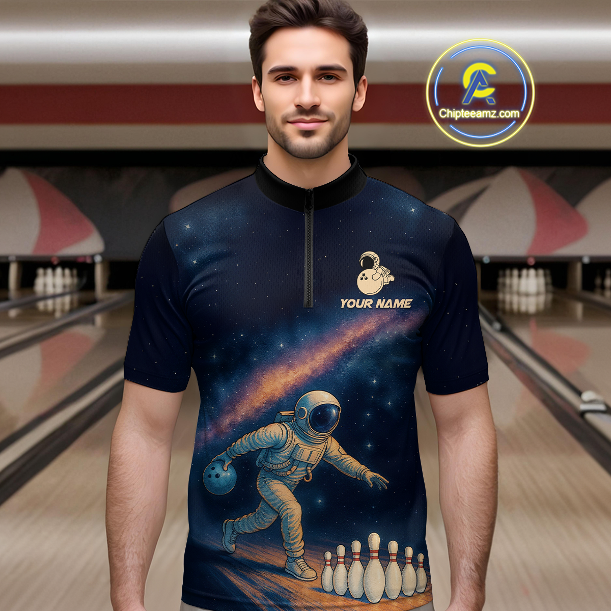 Astronaut Bowling Shirts for Women Men Team Bowling Jerseys Galaxy Bowl Polo 1/4 Zip MBL167