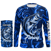 Load image into Gallery viewer, Blue Fishing Largemouth Bass Fish Hook Custom Name Long Sleeve Performance Shirt TTN121