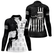 Load image into Gallery viewer, Disc Golf Basket Pattern Black Skull American Flag Polo Shirt Disc Golf Gifts For Women LDT0375