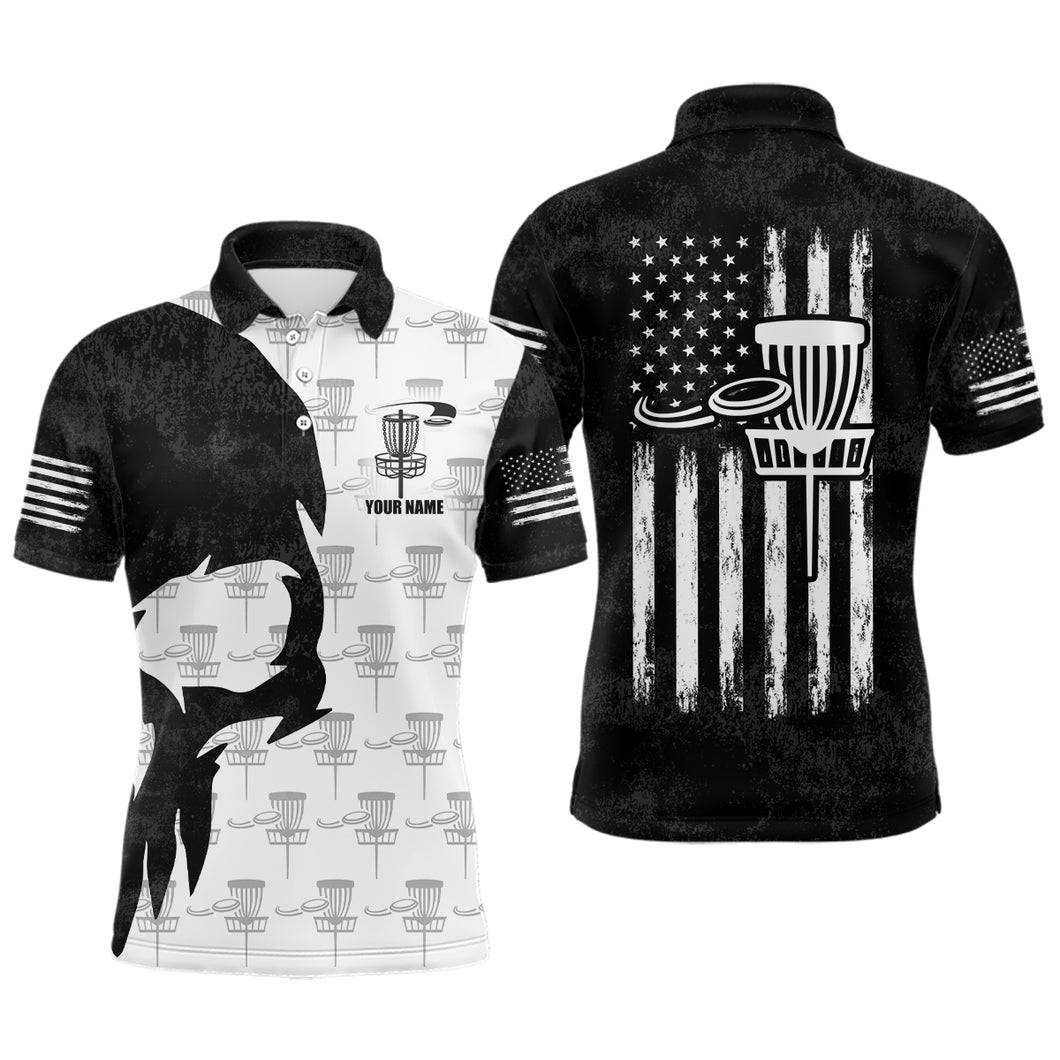 Disc Golf Basket Pattern Black Skull American Flag Mens Polo Shirt Disc Golf Gifts For Men LDT0375