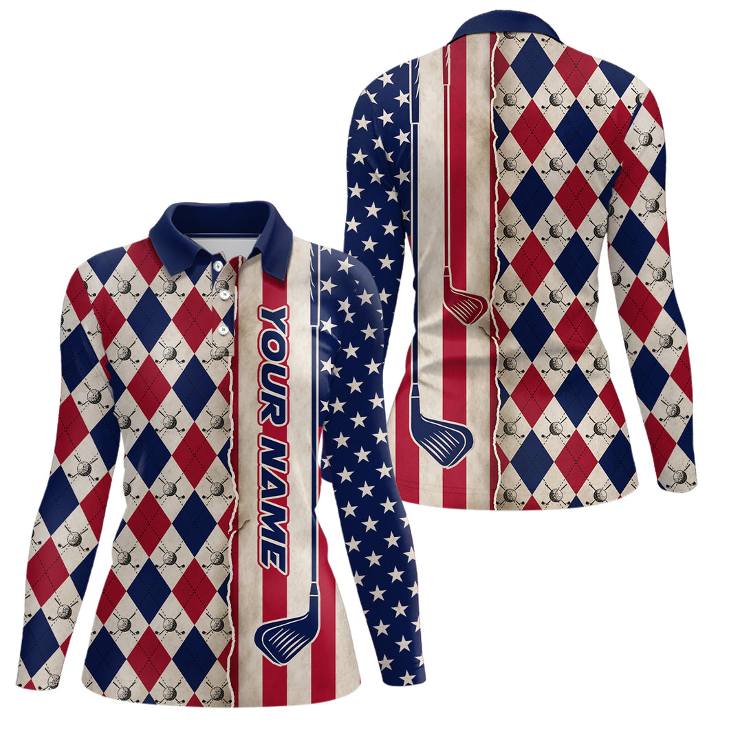 American Flag Argyle Golf Polo Shirts For Womens Custom Name, Patriotic Golf Gifts YYD0061
