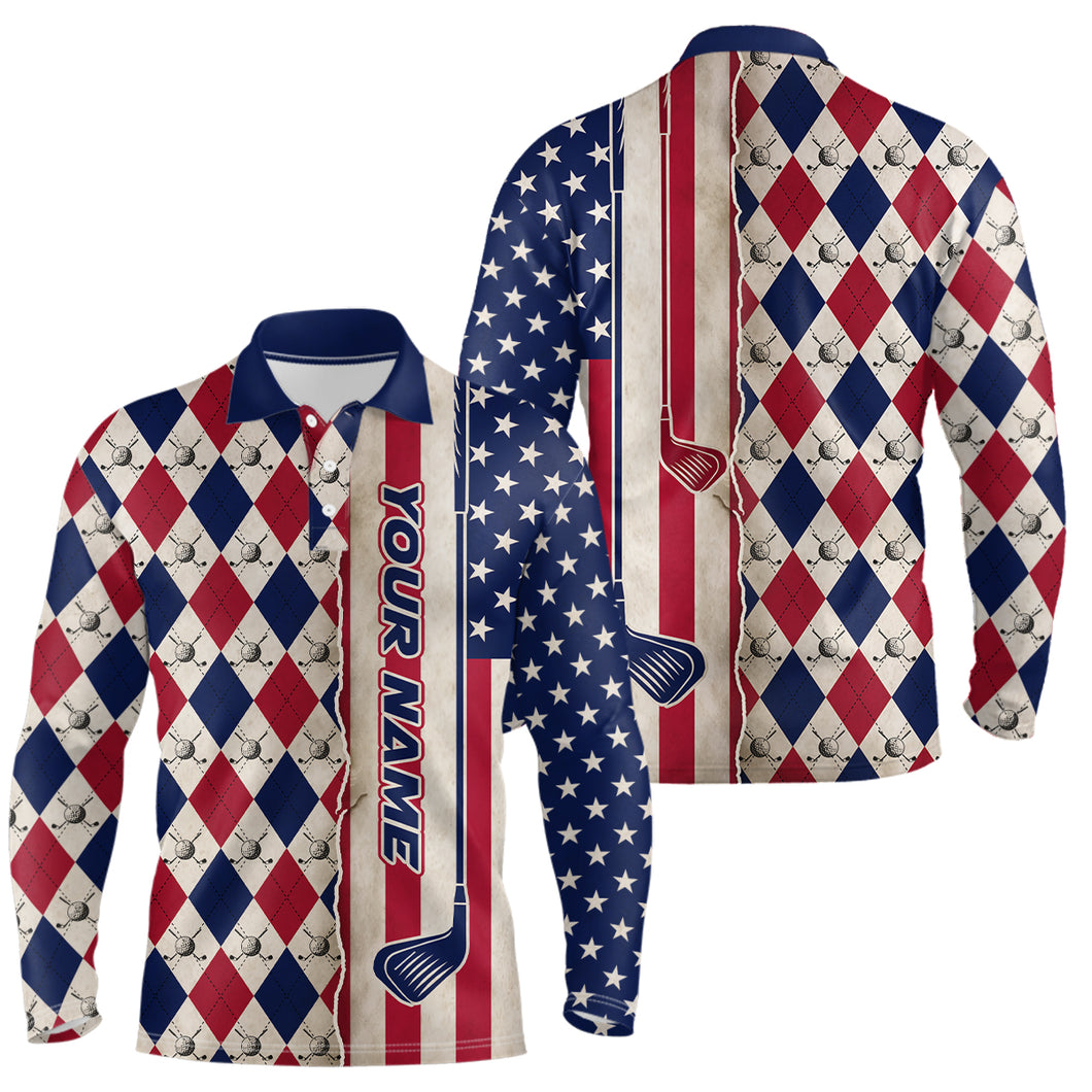 American Flag Argyle Golf Polo Shirts For Mens Custom Name, Patriotic Golf Gifts YYD0061