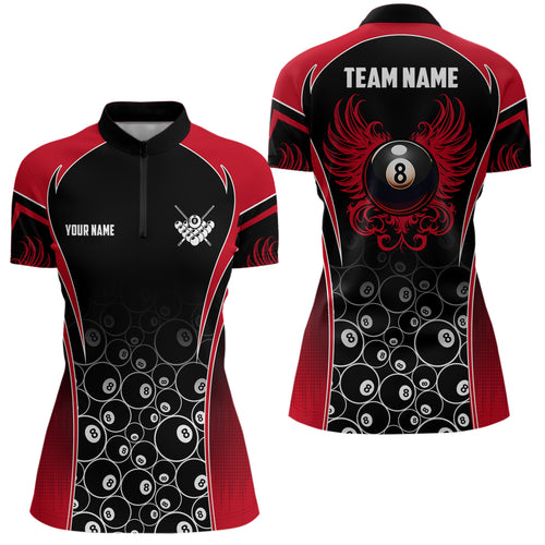 Personalized Ball 8 Wing Billiard Women Quarter-Zip Shirts Custom Name Billiard Shirt Design | Red YYD0064