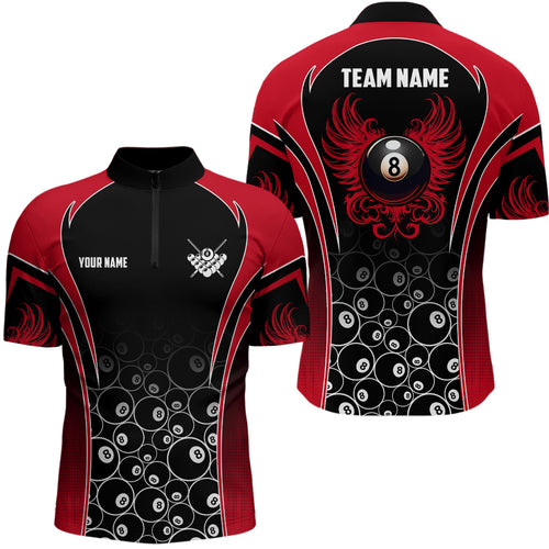 Personalized Ball 8 Wing Billiard Men Quarter-Zip Shirts Custom Name Billiard Shirt Design | Red YYD0064